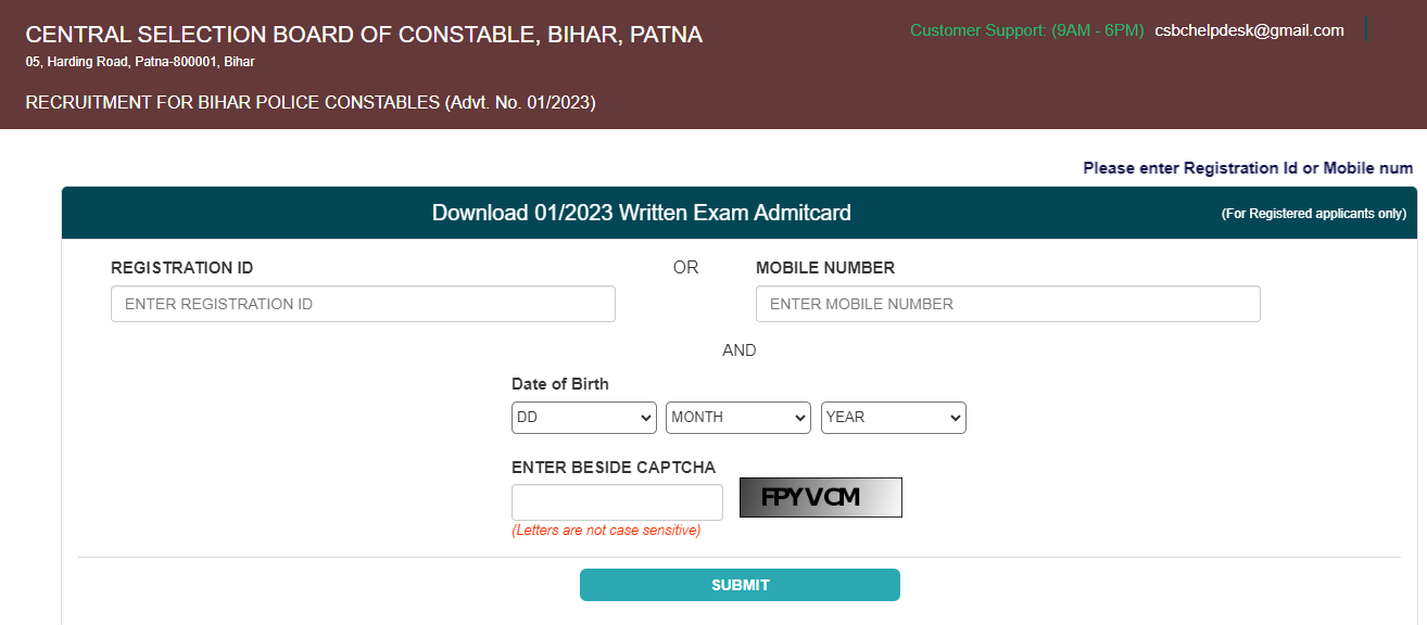 BIhar Police Constable admit card