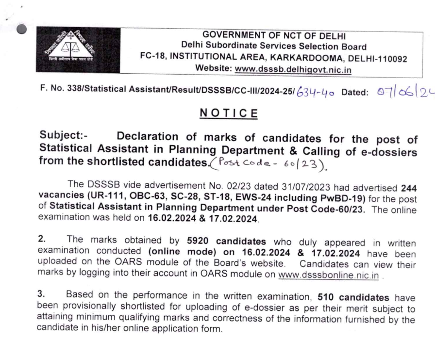 DSSSB Statistical Assistant Marks 2024 Out, Check Score Card_3.1