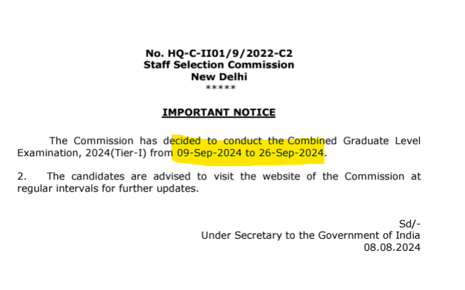 SSC CGL Exam Date Notice