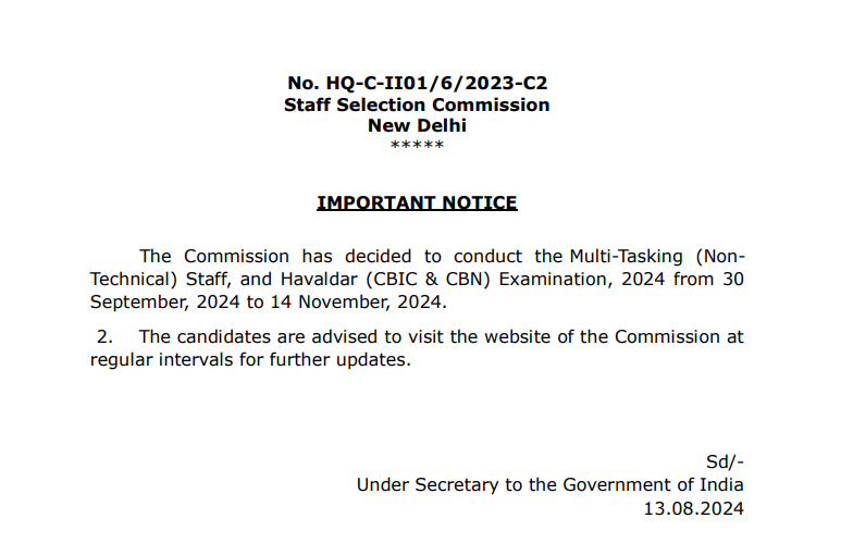 SSC MTS Exam date 2024