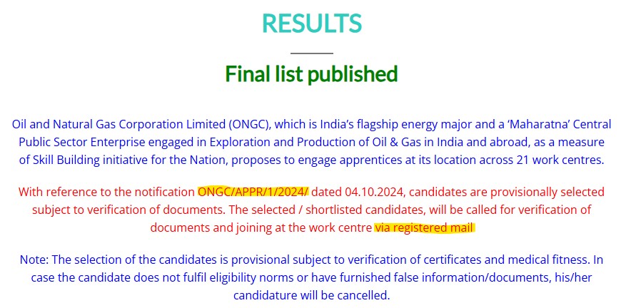 ONGC Merit List 2024